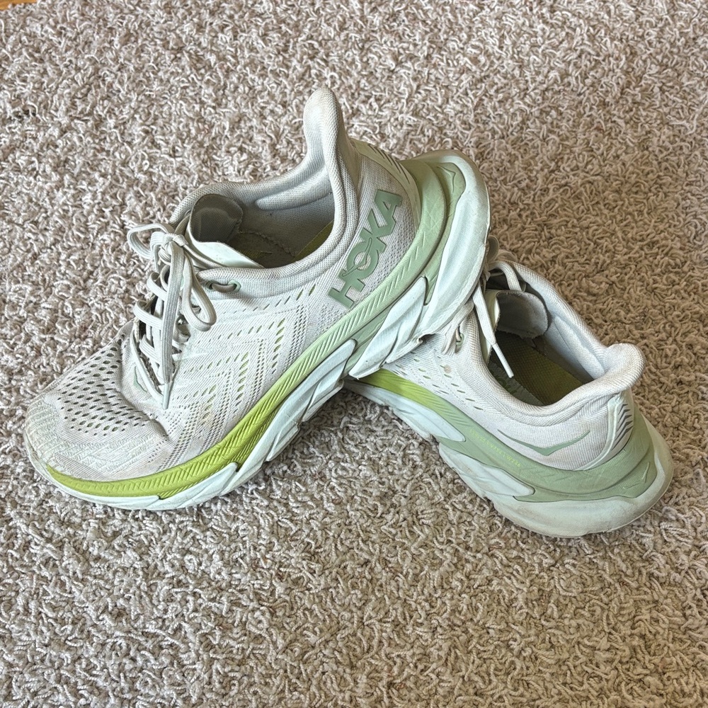 Hoka Women's White and Light Green Athletic Running Shoes